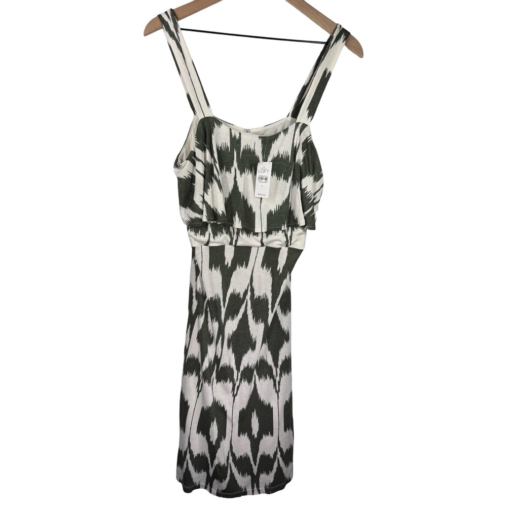 LOFT Ann Taylor Green White Ikat Print Ruffle‎ Sleeveless Dress NWT Large